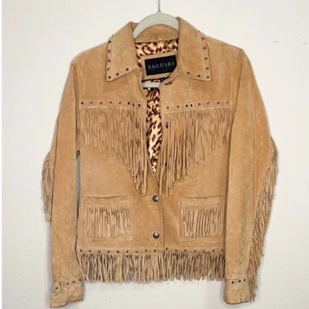Saguaro Camel Suede Fringe Jacket with Stud Detailing and Leopard Lining SZ S